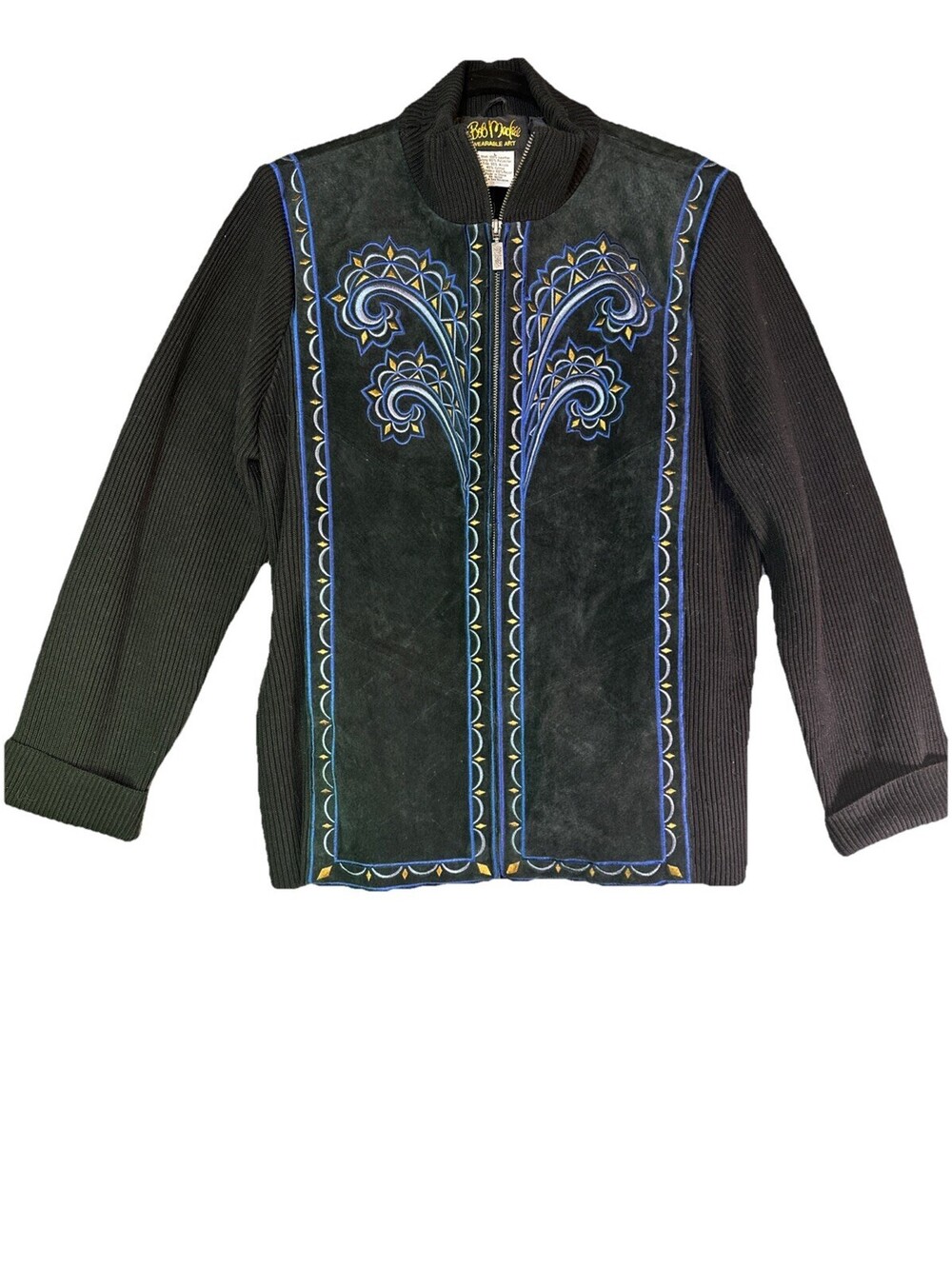 BOB MACKIE SIZE L BLUE/BLACK SUEDE FULL ZIP SWEATER JACKET EMBROIDERY